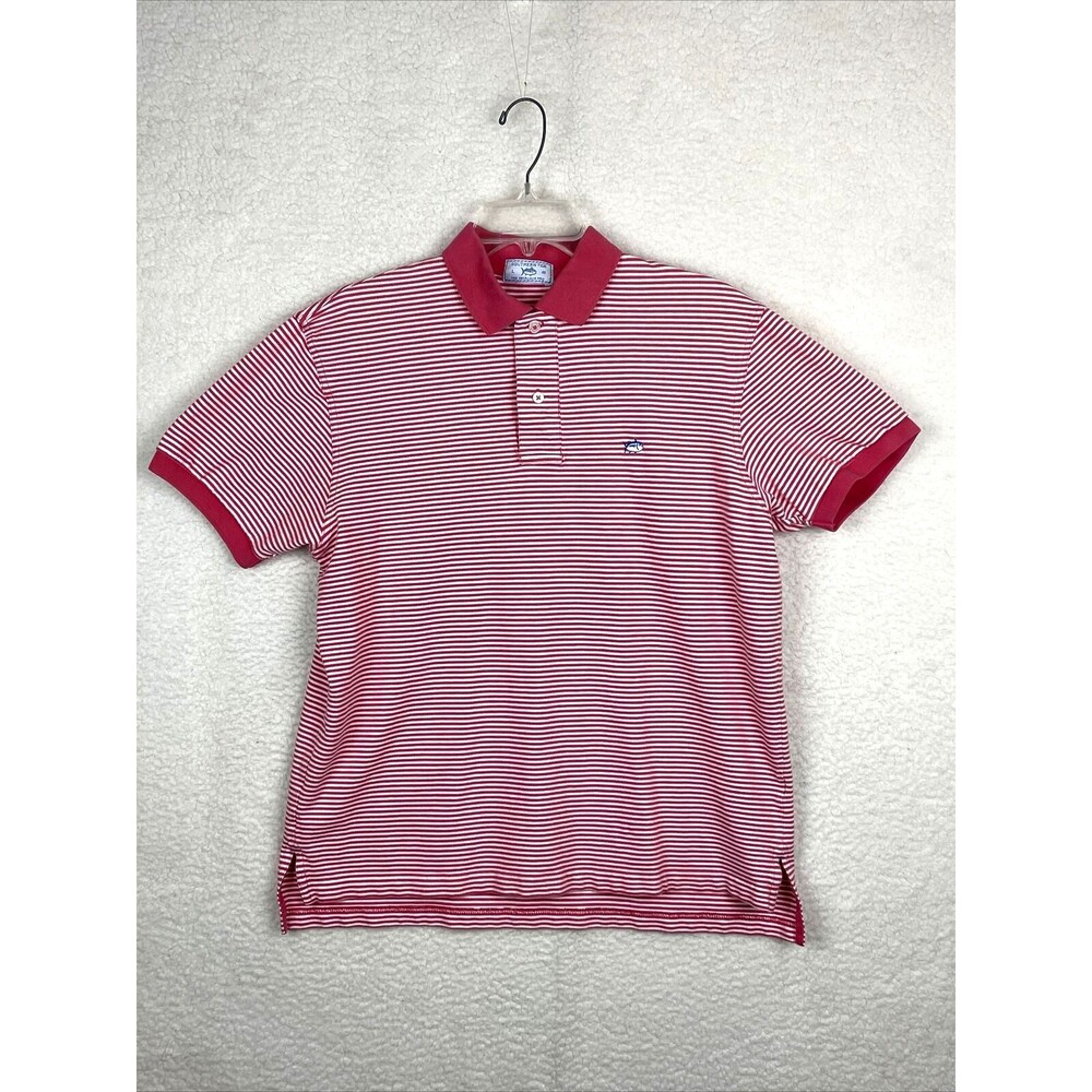 Southern Tide Polo Large Coral White Stripe The Skipjack Mens Short Sleeve